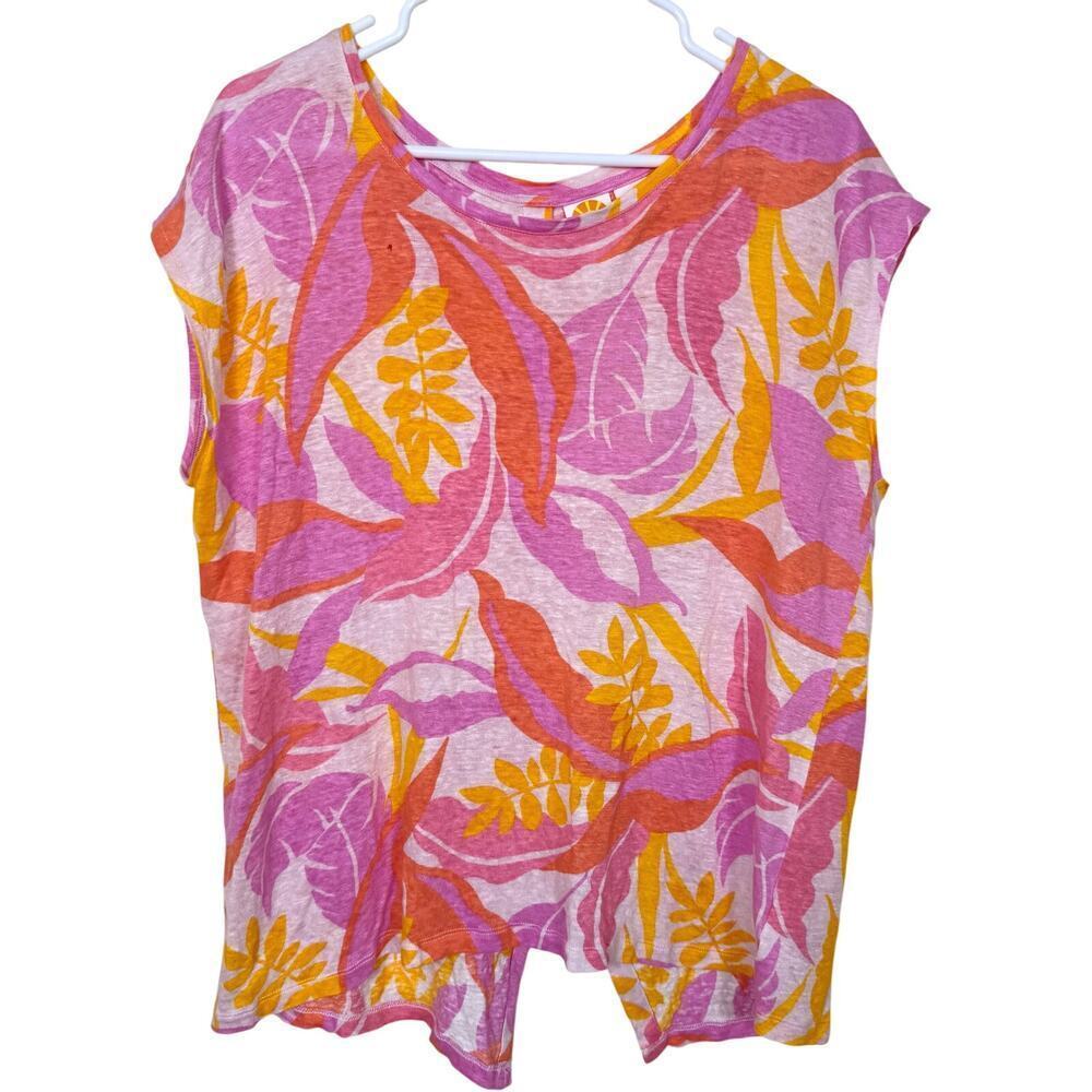 100% Linen C&C California Floral Leaf Top Large Pink Purple Yellow Orange GUC0